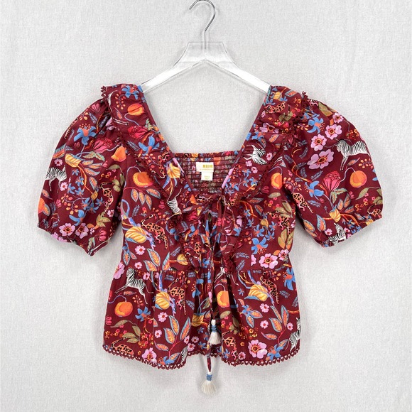ANTHROPOLOGIE MAEVE Ruffled Tie Front Blouse Womens Small Red Floral Print - Picture 4 of 16